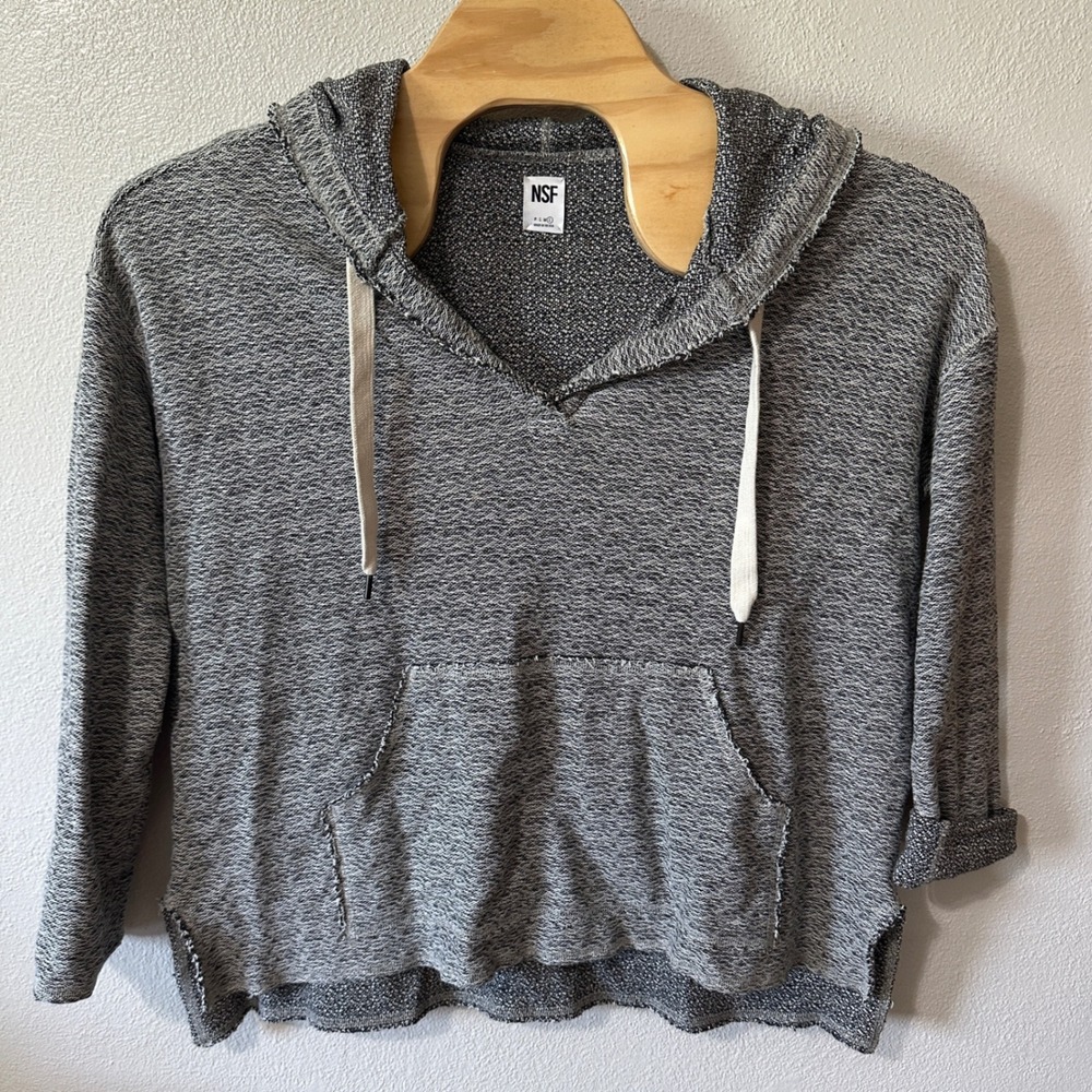 NSF Hoodie Pullover V-Neck Raw Hem Gray Knit Sweatshirt‎ Womens Size Large